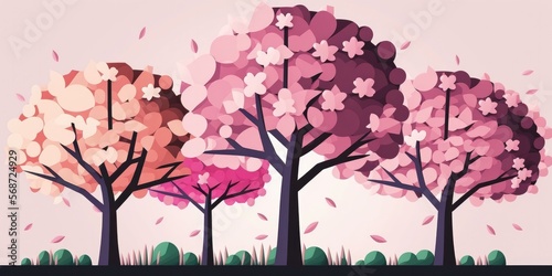 Cherry blossom trees flat design illustration, generative ai