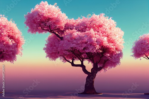 Japanese cherry blossom tree in vibrant colors pink and blue modern, generative ai