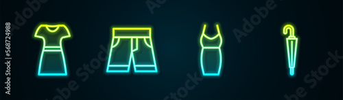 Set line Woman dress, Short or pants, and Umbrella. Glowing neon icon. Vector