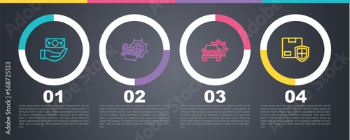 Set line Money with shield, Car accident, and Delivery security. Business infographic template. Vector
