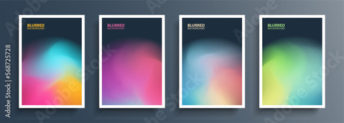 Set of blurred circle shapes on dark backgrounds with soft color gradients. Abstract graphic templates collection for brochures, posters, banners, flyers and cards. Vector illustration.