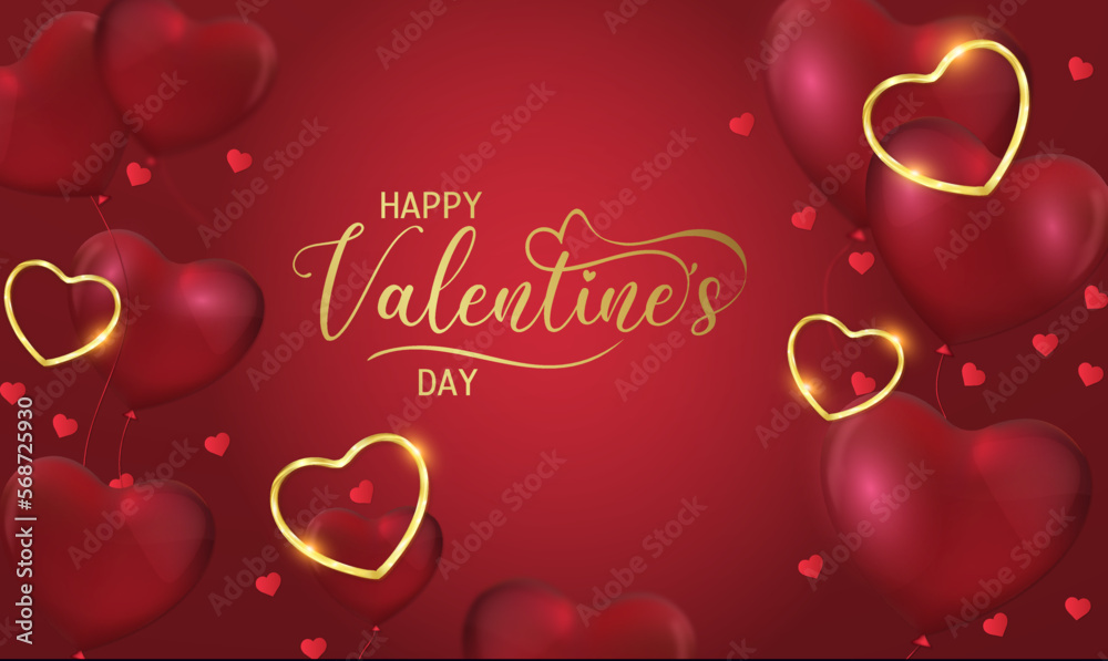 card or banner to wish a happy valentine's day in gold on a red gradient background with balloons in the shape of red hearts hearts of gold and red color