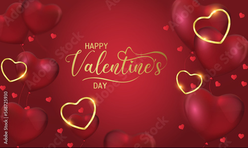 card or banner to wish a happy valentine's day in gold on a red gradient background with balloons in the shape of red hearts hearts of gold and red color