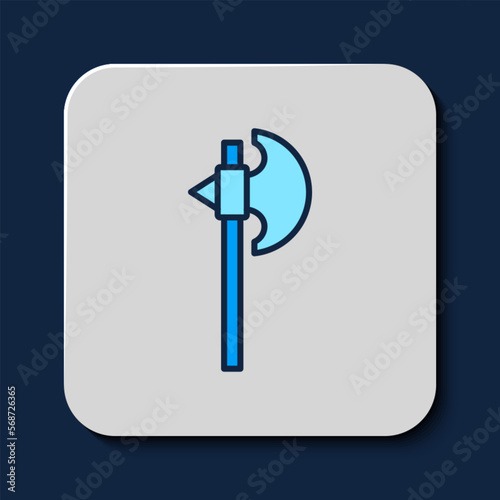 Filled outline Medieval axe icon isolated on blue background. Battle axe, executioner axe. Medieval weapon. Vector