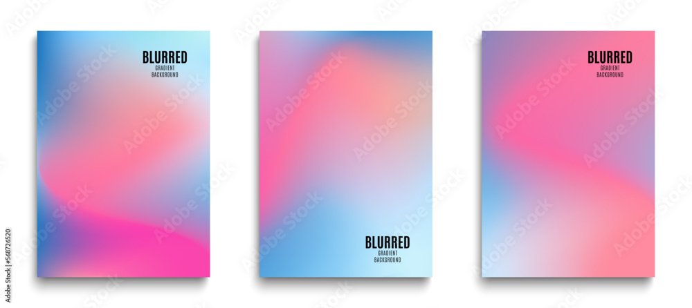 Blurred backgrounds with modern abstract color blur gradient patterns. Templates set for brochures, posters, banners and flyers with cards. Gradient blurred mesh layout posters. Vector illustration