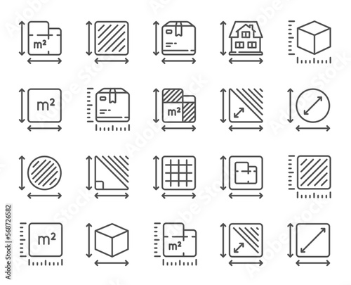 Dimension line icons. Square meter, Area size and Floor plan set. Box size dimension, room space and perimeter line icons. Post office package sizes, square area and triangle corner. Vector photo