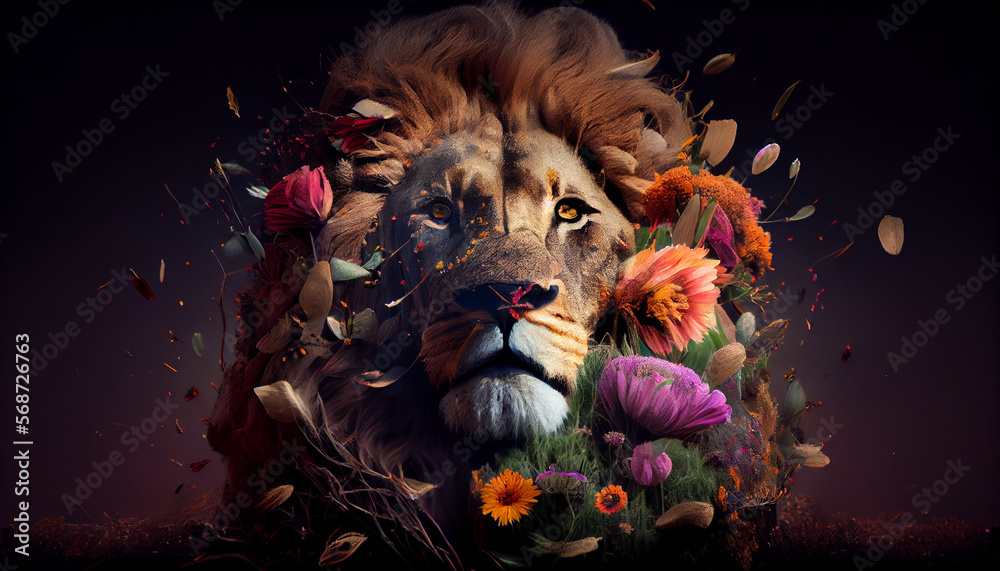 Portrait of lion with flowers in its mane, creative art, Generative AI