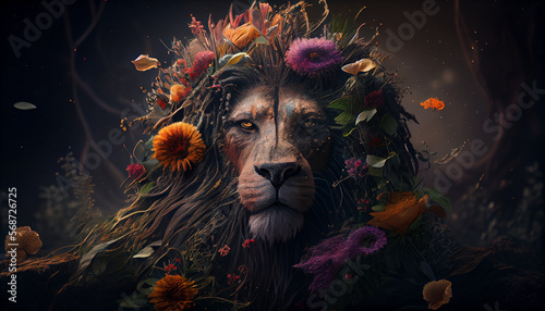 Portrait of a lion with a flower in his mane, Creative art, Generative AI