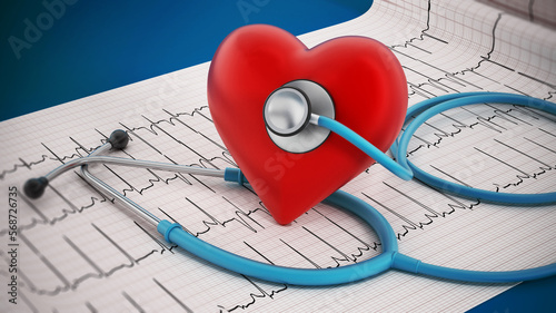 Heart health concept with pills and stethocope on ecg documents. 3D illustration photo