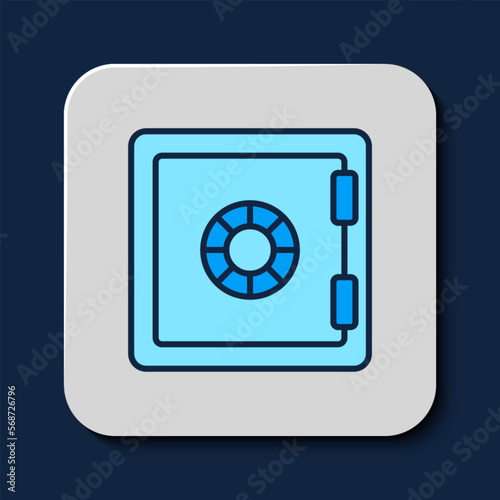 Filled outline Safe icon isolated on blue background. The door safe a bank vault with a combination lock. Reliable Data Protection. Vector