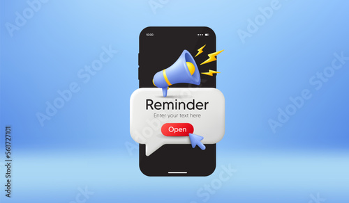 Phone offer message on screen. New notice on the smartphone. Megaphone alert notification. Important event push message. Calendar offer reminder notification speech bubble. Click on the button. Vector