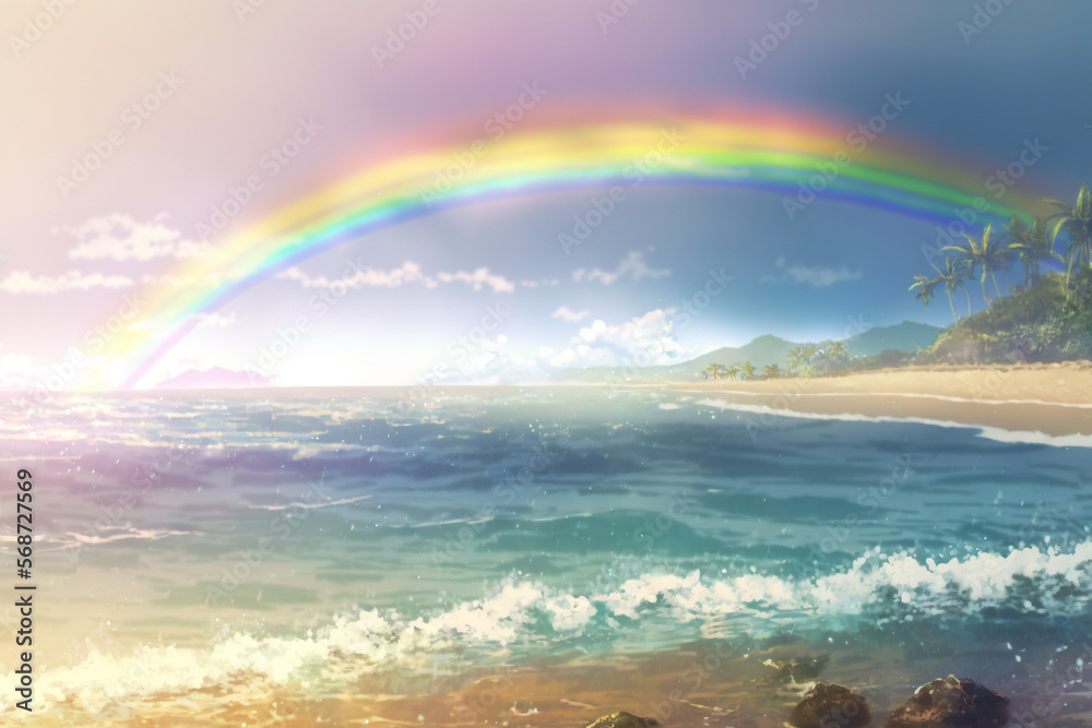 Rainbow over the beach in anime style generative AI