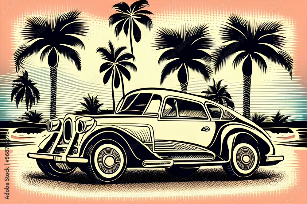 Original vector illustration in vintage style. Vintage car on the background of palm trees - generative ai