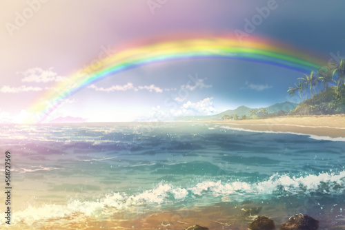 Rainbow over the beach in anime style generative AI