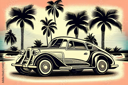 Original vector illustration in vintage style. Vintage car on the background of palm trees - generative ai © unalcreative
