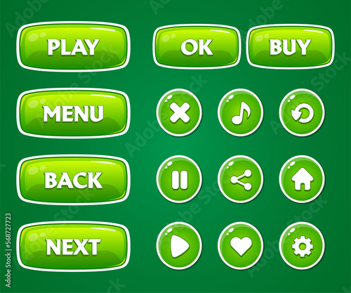 A Collection of Vector green buttons with editable text effect for the design and icons of the user interface of casual mobile games and applications. Modern green buttons in candy style.