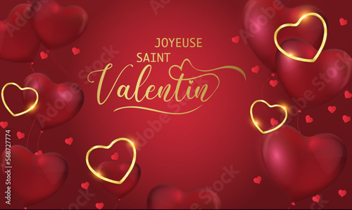 carte ou bandeau pour souhaiter une joyeuse Saint Valentin en or sur un fond rouge en dégradé avec des ballons en forme de coeurs rouge des coeurs de couleur or et rouge