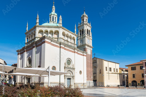 Fototapeta Naklejka Na Ścianę i Meble -  Historic center of an Italian city. Busto Arsizio city, street Sant'Antonio (via Sant'Antonio) with the Santuario di Santa Maria di Piazza - XVI century. City in the province of Varese