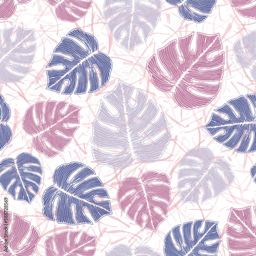 Philodendron striped foliage floral seamless pattern over noisy background.