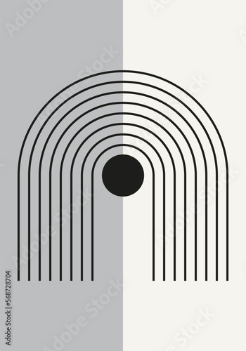 Abstract geometric minimalist artwork. Mid century modern and Bauhaus inspired retro poster with an arch and circle. Modern trendy black and white wall art with simple shapes.