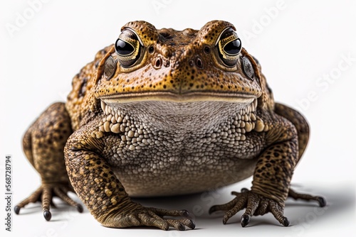 Background of white, with a common toad (Bufo bufo) in the front. Generative AI photo