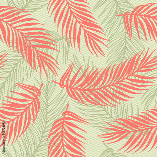 Seamless exotic palm leaves vector pattern. Floral design over waves texture