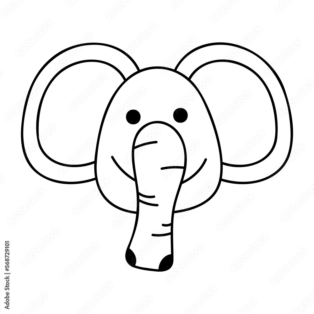 Fototapeta premium Cute doodle elephant face from the collection of girly stickers. Cartoon vector white and black illustration.