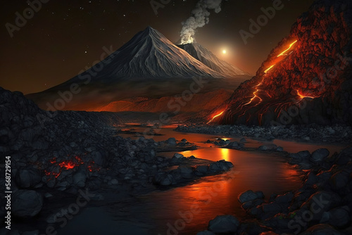 lava flowing in mountains.Generative Ai