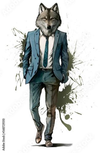 Werewolf in a men's business suit. Watercolor drawing