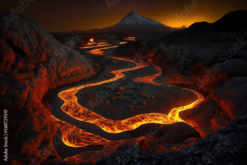 lava flowing in mountains.Generative Ai