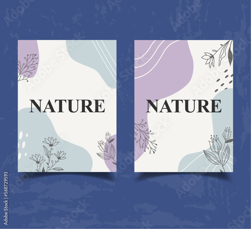 Modern abstract background with leaves and hand drawn geometric shapes and lines. Banner template for social posts, mobile apps, web internet ads, wedding cards and invitation. Vector illustration.