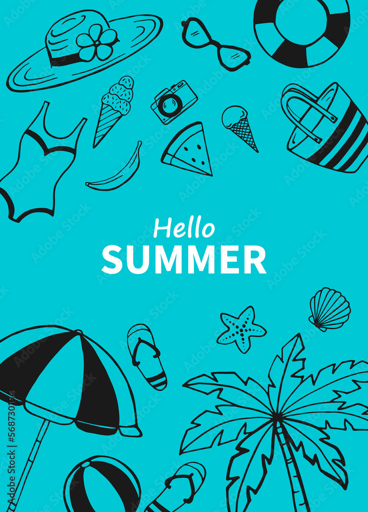 Naklejka premium Hand drawn summer poster. Sea and ocean design template. Vector card templates.