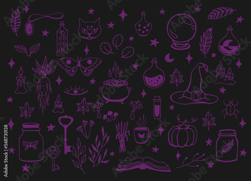 Witchcraft, magic background for witches and wizards. Vector vintage collection. Hand drawn magic tools, concept of witchcraft. Drawn magic tools