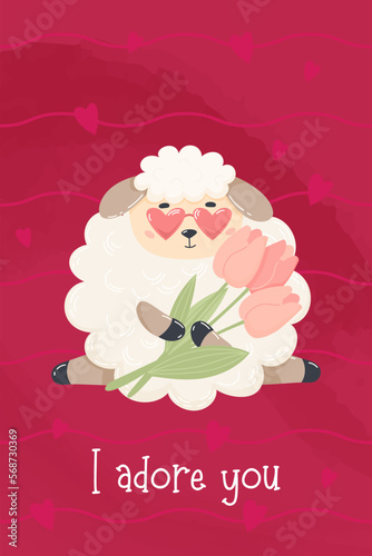Romantic card with enamored cute sheep with bouquet of tulips. Vector illustration in cartoon flat style. vertical poster valentine with inscription I adore you.