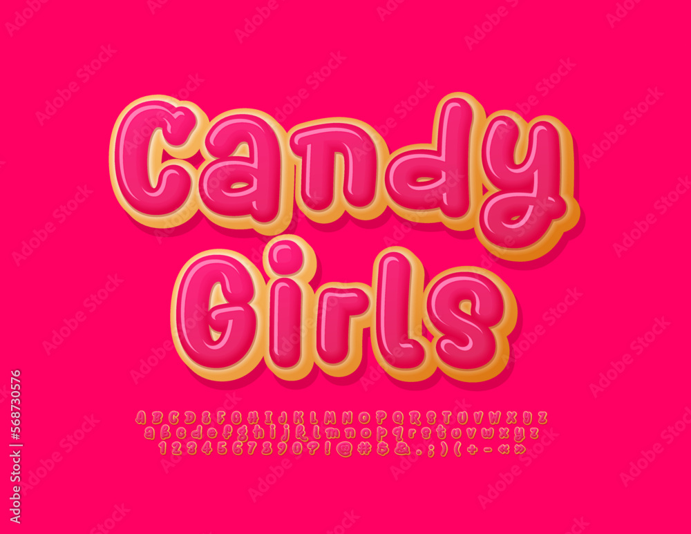 Vector sweet sign Candy Girls with tasty cakes Font. Pink glazed set of Alphabet Letters, Numbers and Symbols