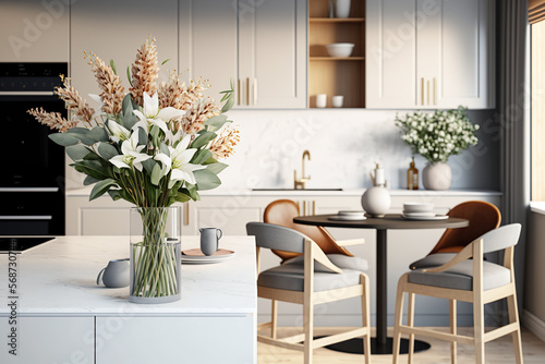 Minimalist modern kitchen with bouquet of white flowers on the table. Generative AI