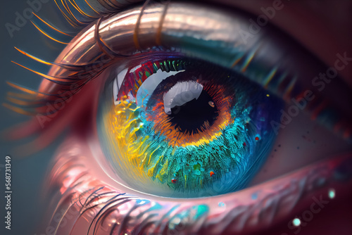 Iridescent human eye close-up on a black background. Pride concept, AI