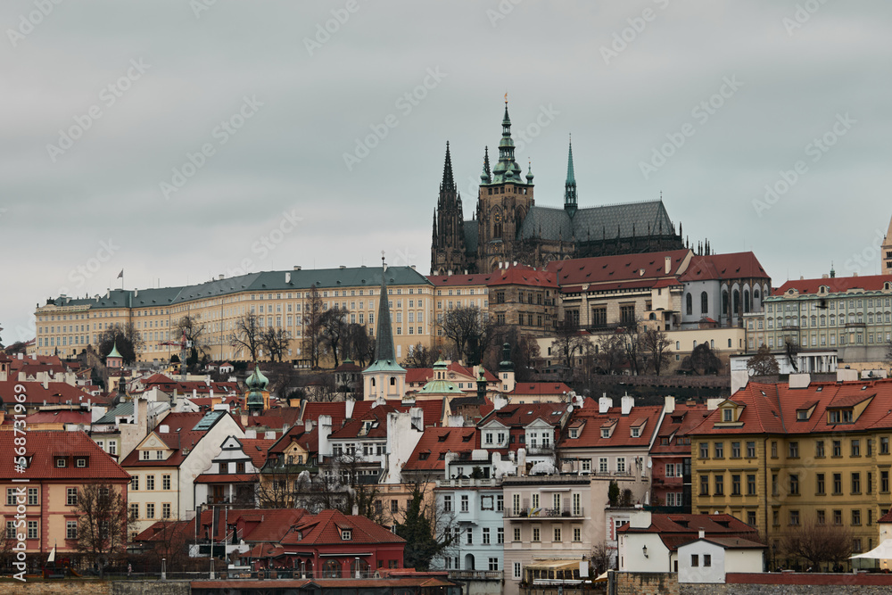View of Prague Castle from Charles Bridge in Prague, Czech Republic. Beautiful view of the architecture of the old European city.