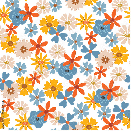 Floral seamless pattern. Blooming meadow background. Creative floral design. Vector pattern for various surface. Blossom floral seamless print.