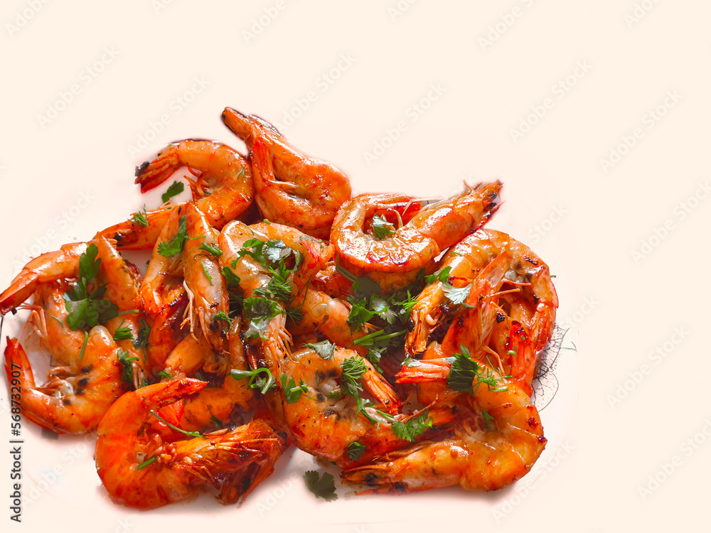 Grilled tiger shrimps isolated on white background with space for text, seafood style 