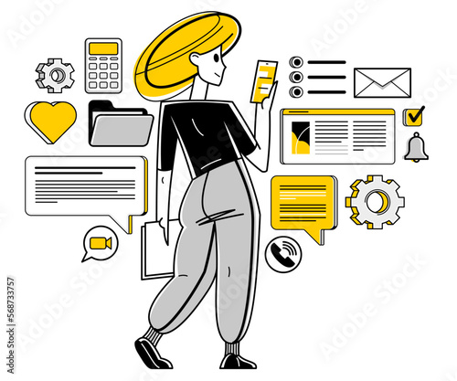 Phone working online person doing some job vector outline illustration, smartphone remote virtual working freelancer or a part of coworking team.