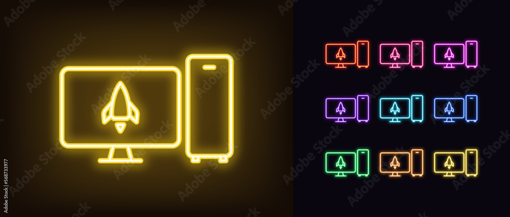 Outline neon gaming pc icon set. Glowing neon system unit and monitor ...