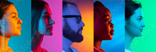 Collage of profile view faces of young men and women looking ahead over multicolored background in neon light. Concept of emotions, facial expression, fashion, beauty. photo