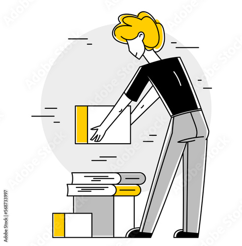 Moving to new apartment or business moving to new office, person carry and unpack boxes with stuff, beginning of new life, vector outline illustration.
