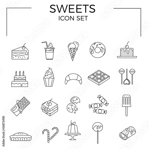 Sweets Icon Set of Dessert Related Vector Line Icons. Contains such Icons as Cookies, Bagel, Sweet Waffle and more.  © Allan