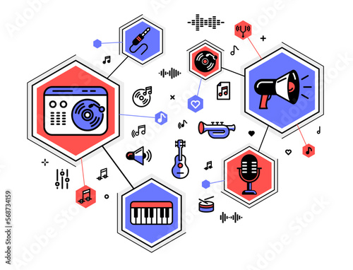 Music producing composing new track vector outline illustration, sound engineering in recording studio, composing creating audio mix.