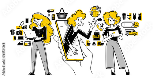 Online shopping and discount vector outline illustration, store workers team managing goods or customers have a big choice and enjoying cheap prices, advisers and consultants.