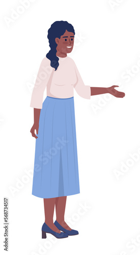 Beautiful woman stretching hand in greeting semi flat color vector character. Editable figure. Full body person on white. Simple cartoon style illustration for web graphic design and animation