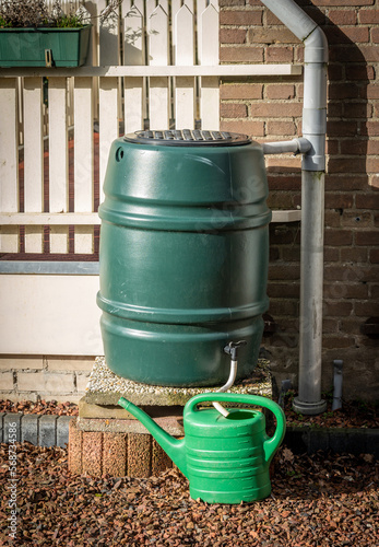Green rain barrel and watering can to collect rain water, concept of water conservation
