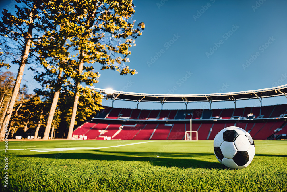 soccer ball sitting on top of a lush green field next to a soccer goal and a tree in the background of stadium and blue sky, generative AI